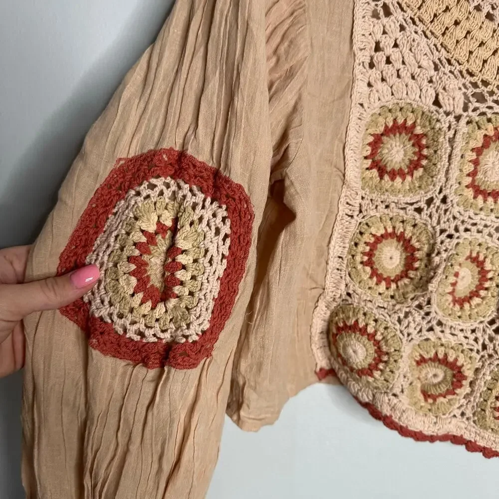 Zara Crochet Granny Square Blouse Women‎ XS Beige EUC Boho Balloon Sleeve Top
